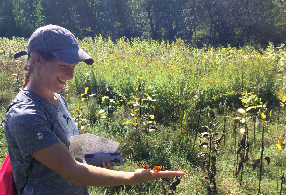 Photo of teacher examining a butterfly on a plant leaf.